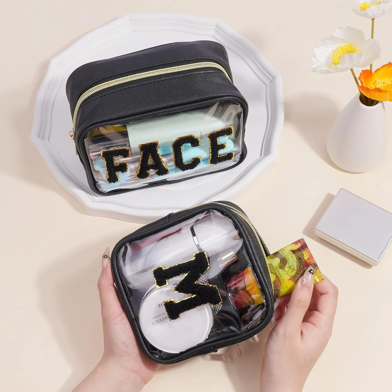 2 PCS Clear Makeup Bag Small Cosmetic Bag Black Mini Makeup Bag Waterproof Small Makeup Bag for Purse Travel Toiletry Bag for Women