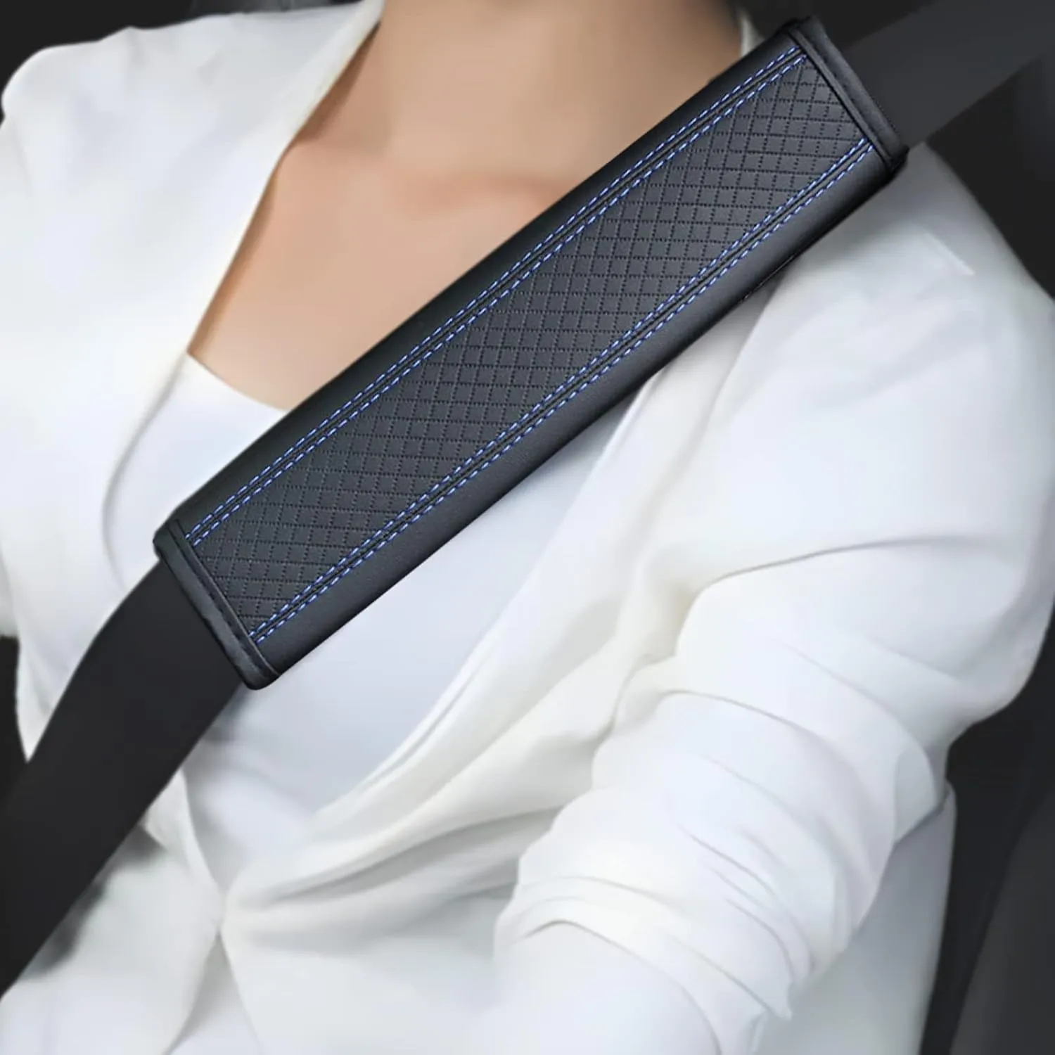 2Pcs Seat Belt Pads Leather Seat Belt Covers, Seat Belt Shoulder Pad to Protect The Shoulder and Neck, Universal Car Seat Belt Pad Cover, Apply to Automotive/Truck/SUV//Backpack Strap(Black Blue)