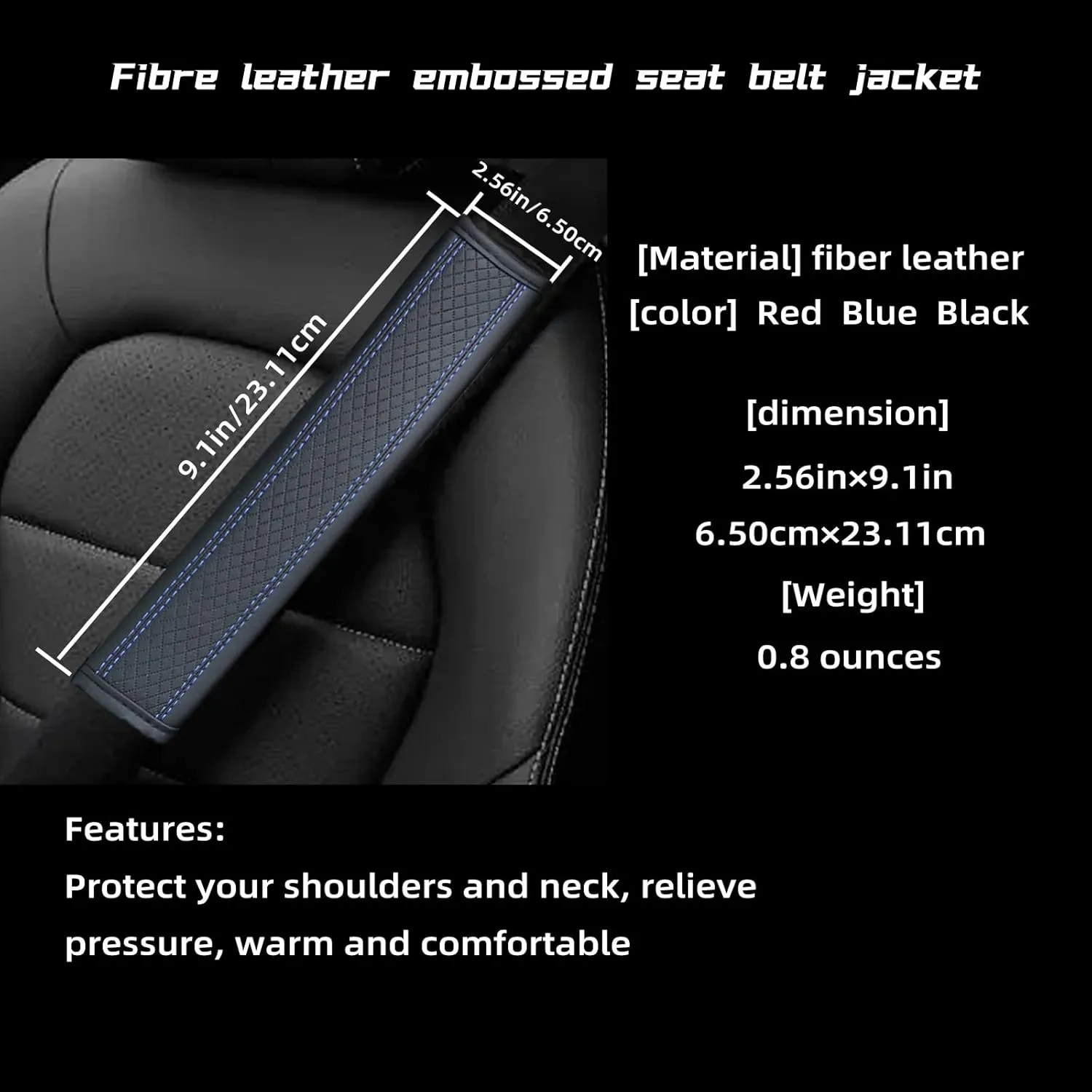 2Pcs Seat Belt Pads Leather Seat Belt Covers, Seat Belt Shoulder Pad to Protect The Shoulder and Neck, Universal Car Seat Belt Pad Cover, Apply to Automotive/Truck/SUV//Backpack Strap(Black Blue)