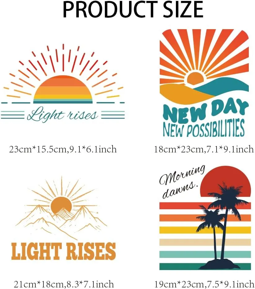 arricraft 4 Pcs Iron on Decals Patches, 4 Sizes Sun Sunrise Iron on Stickers New Day Morning Transfer Stickers Plastic Washable Patches for DIY Clothes Decor Backpacks Cover