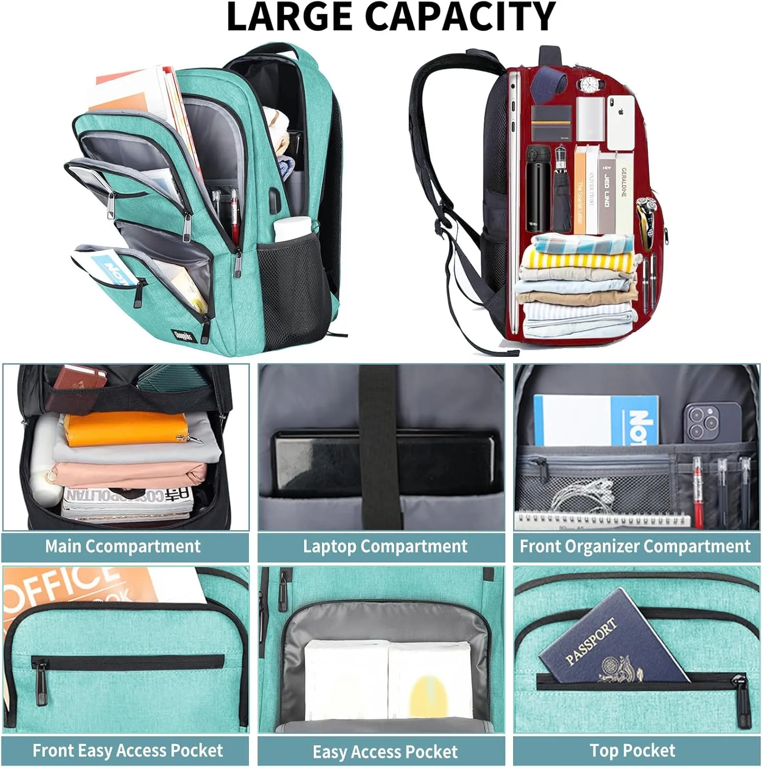 Backpck for Women Men, School backpacks for Girls Teen Boys, 15.6 inch Laptop Back Packs with USB Charger Port, Mochilas for Business, College, Cyan