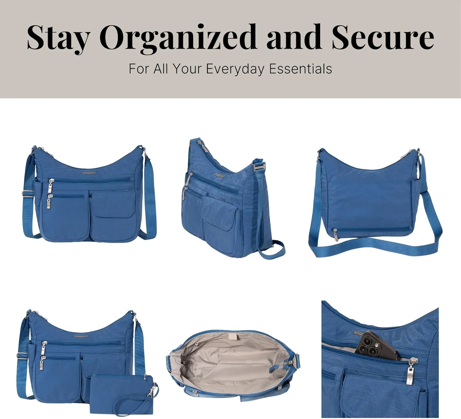 Baggallini Everywhere Bagg Crossbody Women 11x9 Lightweight Nylon Hobo Water-Resistant Travel Bag W/RFID