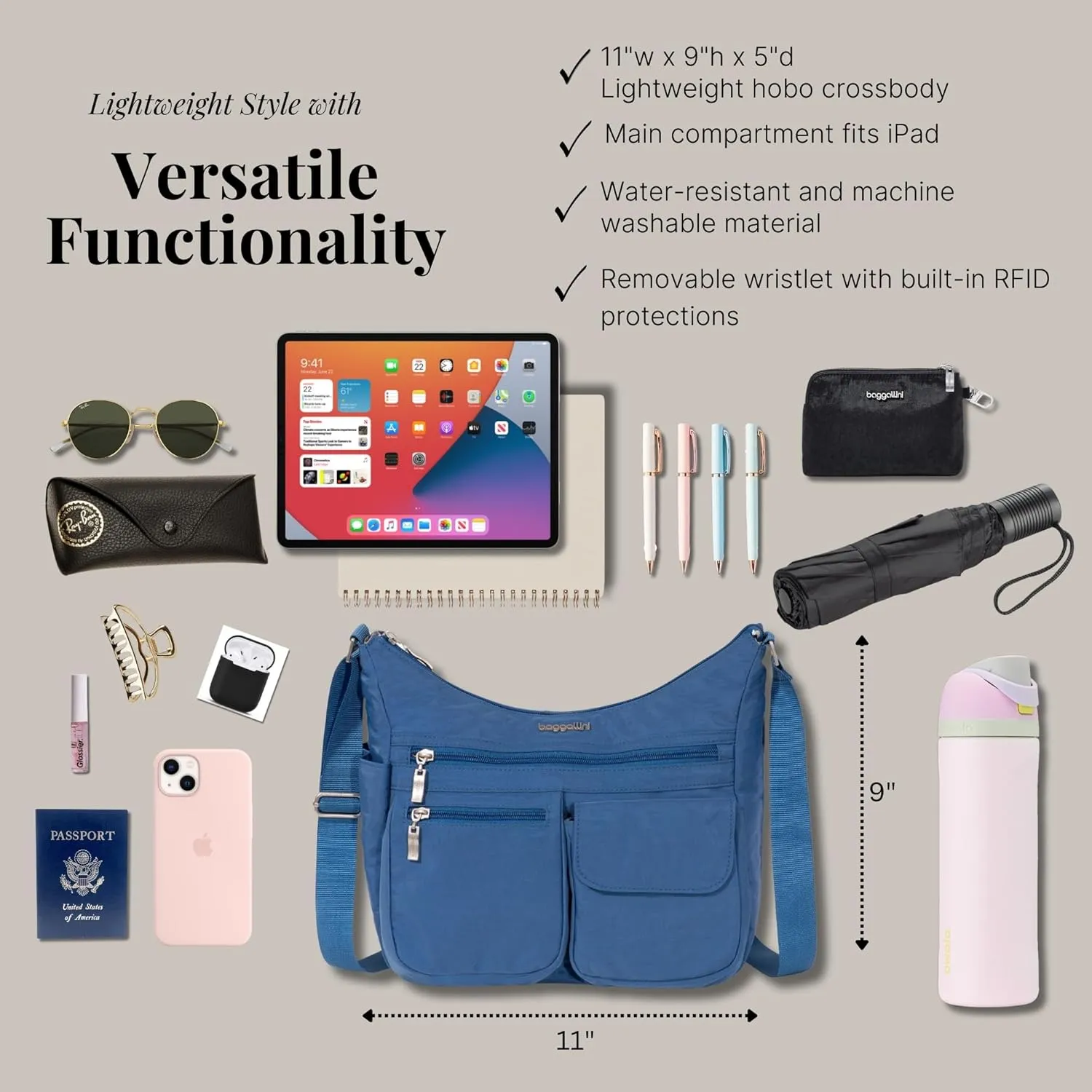 Baggallini Everywhere Bagg Crossbody Women 11x9 Lightweight Nylon Hobo Water-Resistant Travel Bag W/RFID
