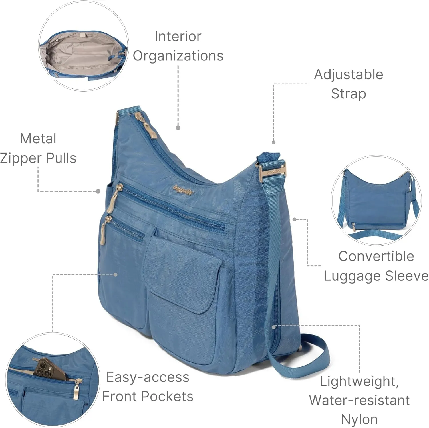 Baggallini Everywhere Bagg Crossbody Women 11x9 Lightweight Nylon Hobo Water-Resistant Travel Bag W/RFID