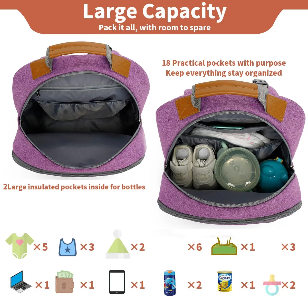 BILLITON MSHI Diaper Bag Backpack for Women Large Capacity Waterproof -Multifunctional with Insulated Pockets for Baby Girl & Boy, Unisex Maternity Travel BagPurple