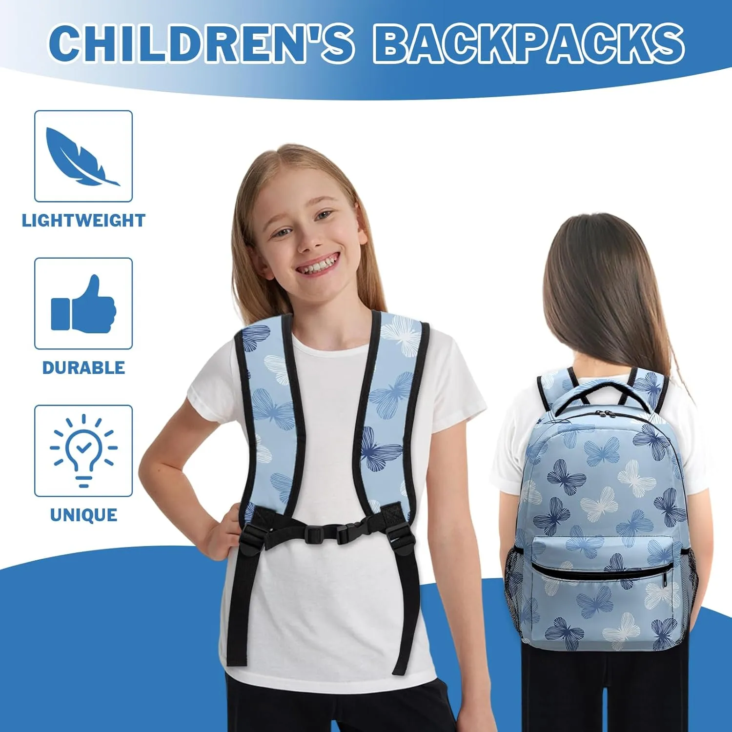 Blue Butterfly Backpack Cute Butterflies Kids Bookbags for Girls Boys Elementary Primary School Bag Preschool Kindergarten Lightweight Students Back Pack for Teen Child