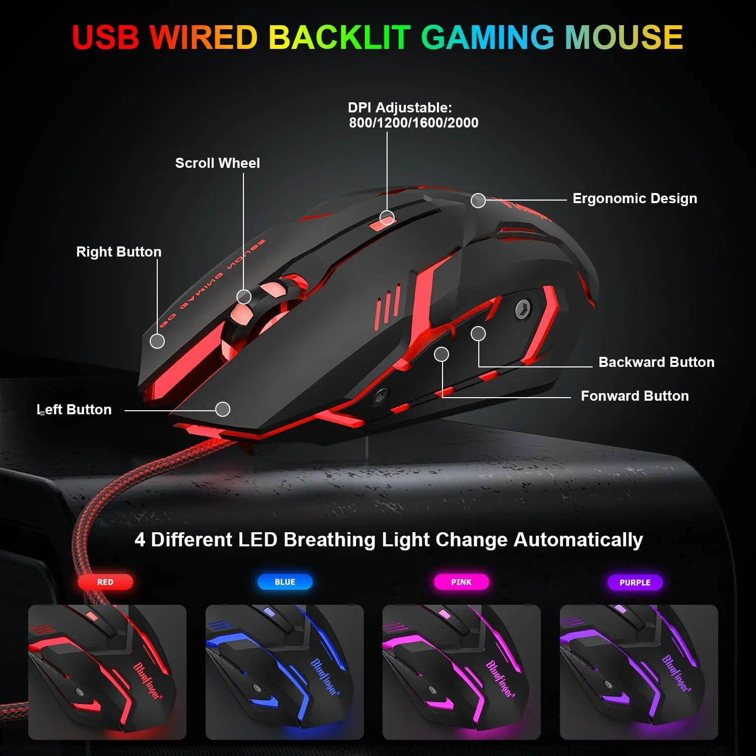BlueFinger RGB Gaming Keyboard and Backlit Mouse Combo, USB Wired, LED Gaming Set for Laptop PC Computer Game and Work(Black & Gray)