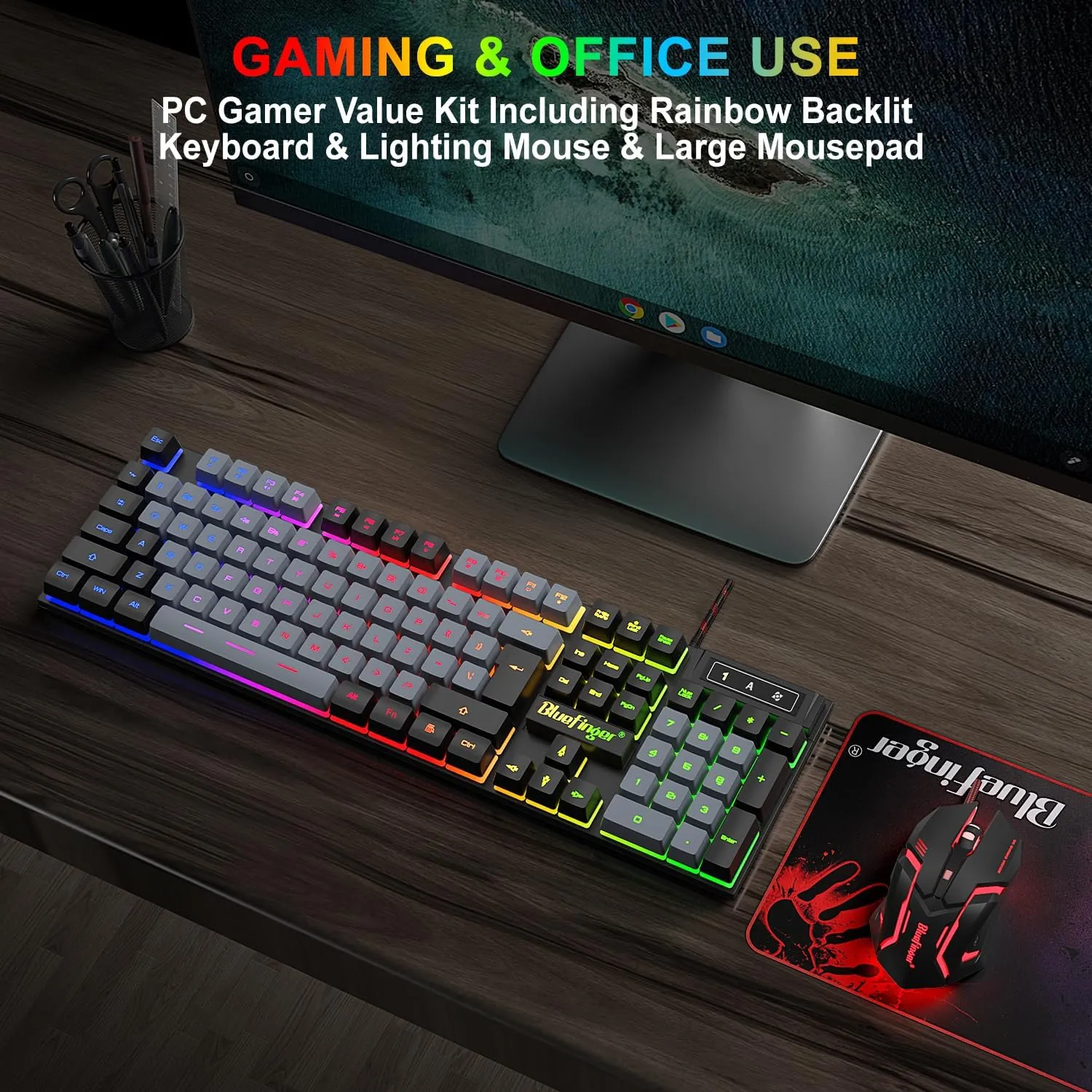 BlueFinger RGB Gaming Keyboard and Backlit Mouse Combo, USB Wired, LED Gaming Set for Laptop PC Computer Game and Work(Black & Gray)