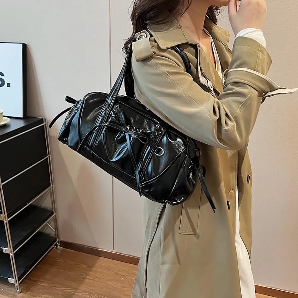 Bow Tie Leather Shoulder Purse for Women Bowknot Y2k Boston Bag with Pockets Handbag Coquette Stuff
