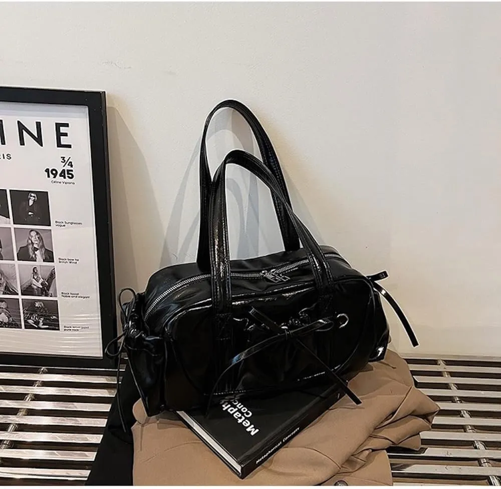 Bow Tie Leather Shoulder Purse for Women Bowknot Y2k Boston Bag with Pockets Handbag Coquette Stuff