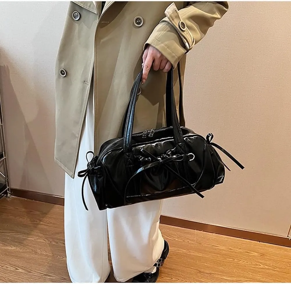 Bow Tie Leather Shoulder Purse for Women Bowknot Y2k Boston Bag with Pockets Handbag Coquette Stuff