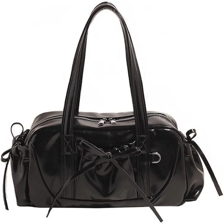 Bow Tie Leather Shoulder Purse for Women Bowknot Y2k Boston Bag with Pockets Handbag Coquette Stuff