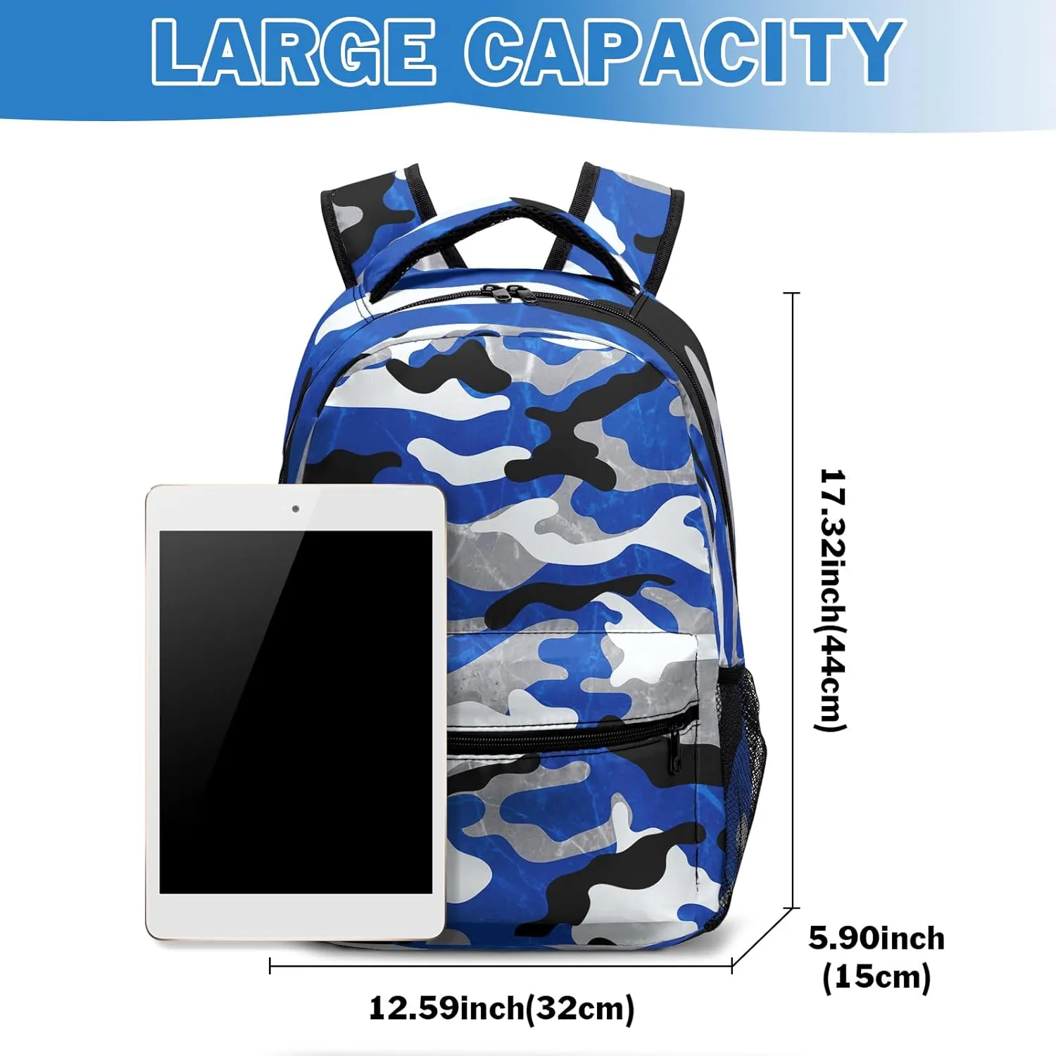Camo Blue Kids Backpack for Boys Cool Camouflage Prints School Bookbag Elementary Primary Middle Schoolbag Preschool Kindergarten Lightweight Child Back Pack with Chest Strap