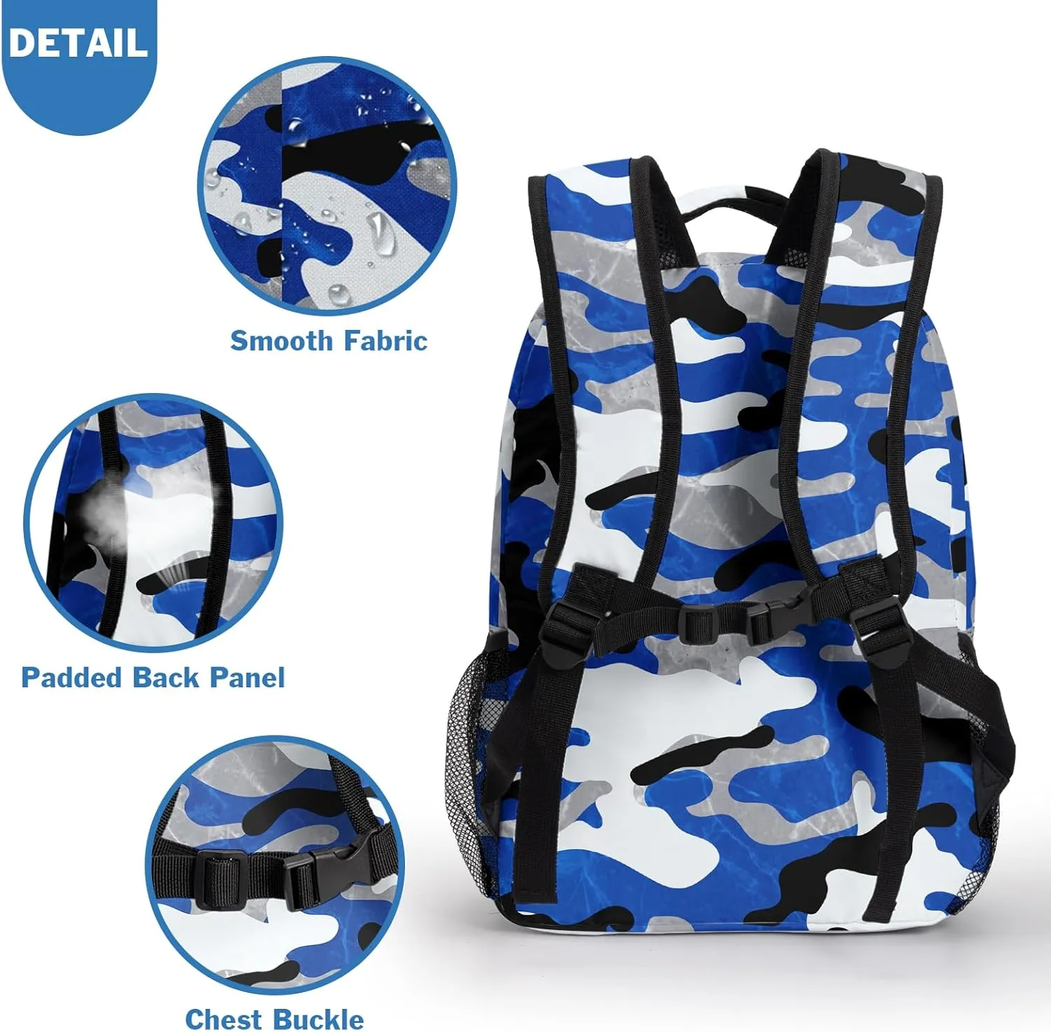 Camo Blue Kids Backpack for Boys Cool Camouflage Prints School Bookbag Elementary Primary Middle Schoolbag Preschool Kindergarten Lightweight Child Back Pack with Chest Strap