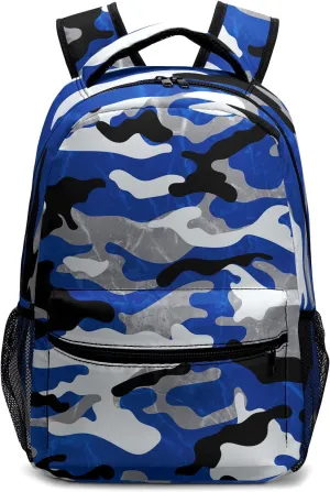 Camo Blue Kids Backpack for Boys Cool Camouflage Prints School Bookbag Elementary Primary Middle Schoolbag Preschool Kindergarten Lightweight Child Back Pack with Chest Strap