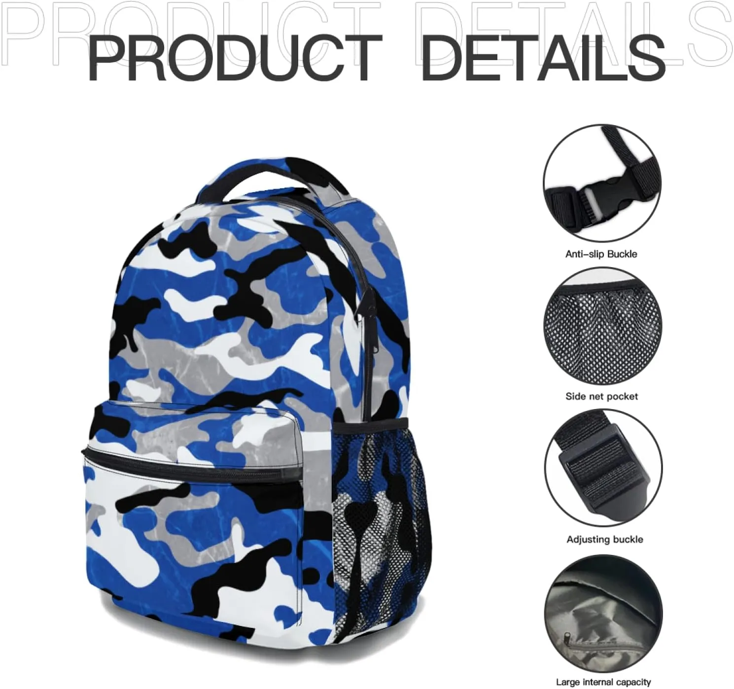 Camo Blue Kids Backpack for Boys Cool Camouflage Prints School Bookbag Elementary Primary Middle Schoolbag Preschool Kindergarten Lightweight Child Back Pack with Chest Strap