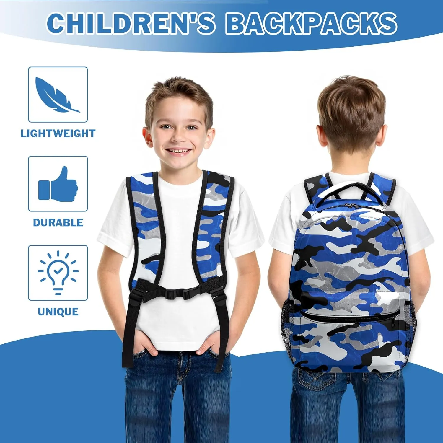 Camo Blue Kids Backpack for Boys Cool Camouflage Prints School Bookbag Elementary Primary Middle Schoolbag Preschool Kindergarten Lightweight Child Back Pack with Chest Strap