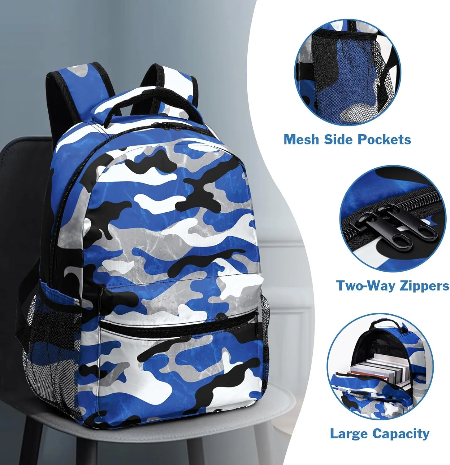 Camo Blue Kids Backpack for Boys Cool Camouflage Prints School Bookbag Elementary Primary Middle Schoolbag Preschool Kindergarten Lightweight Child Back Pack with Chest Strap