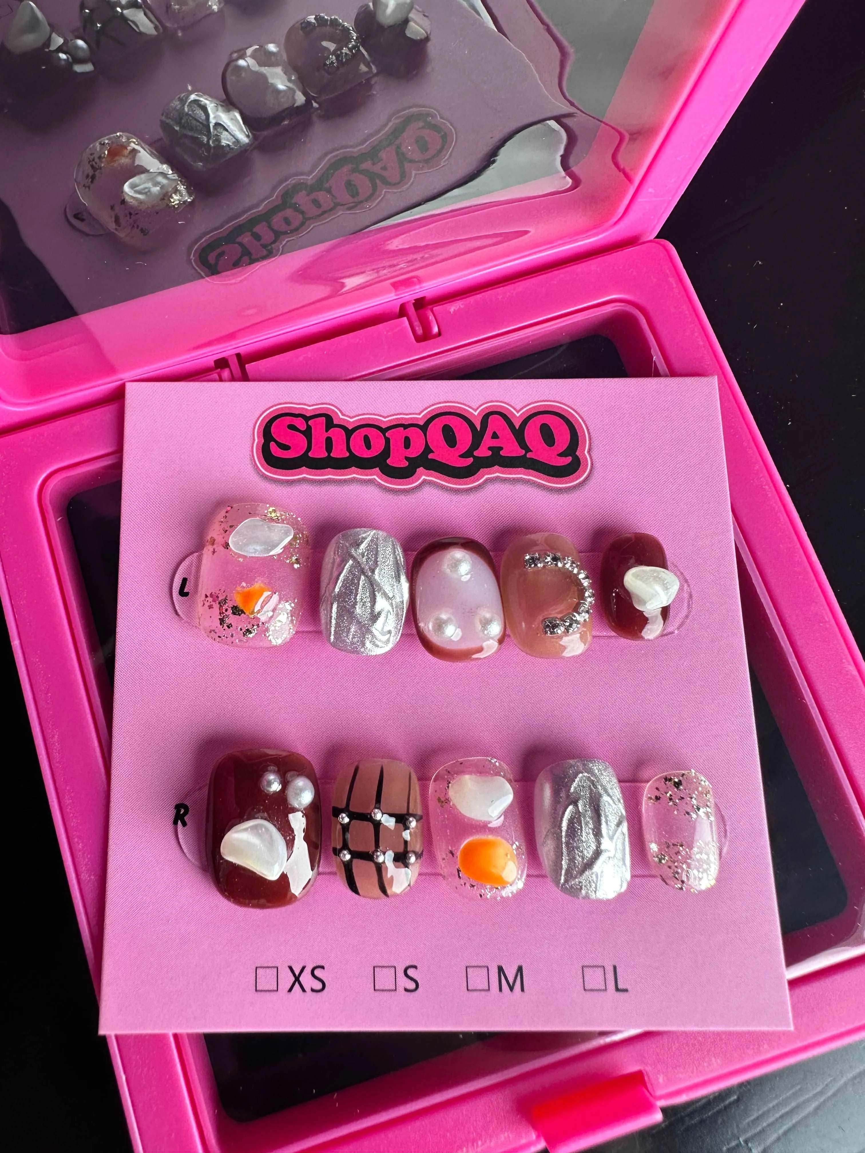 Coffee Brown Lattice Pearl 3D Press-On Nails - Handcrafted Nail Art, Long & Short Styles, Brightening Effect, INS Inspired