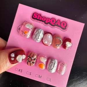Coffee Brown Lattice Pearl 3D Press-On Nails - Handcrafted Nail Art, Long & Short Styles, Brightening Effect, INS Inspired