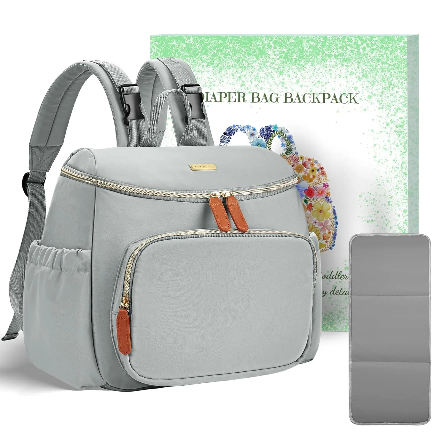 Compact Diaper Bag Backpack  Lightweight & Waterproof Baby Bag for Moms & Dads, Includes Changing Pad & Stroller Straps, Small Travel Diaper Backpack for Daily Use-Grey