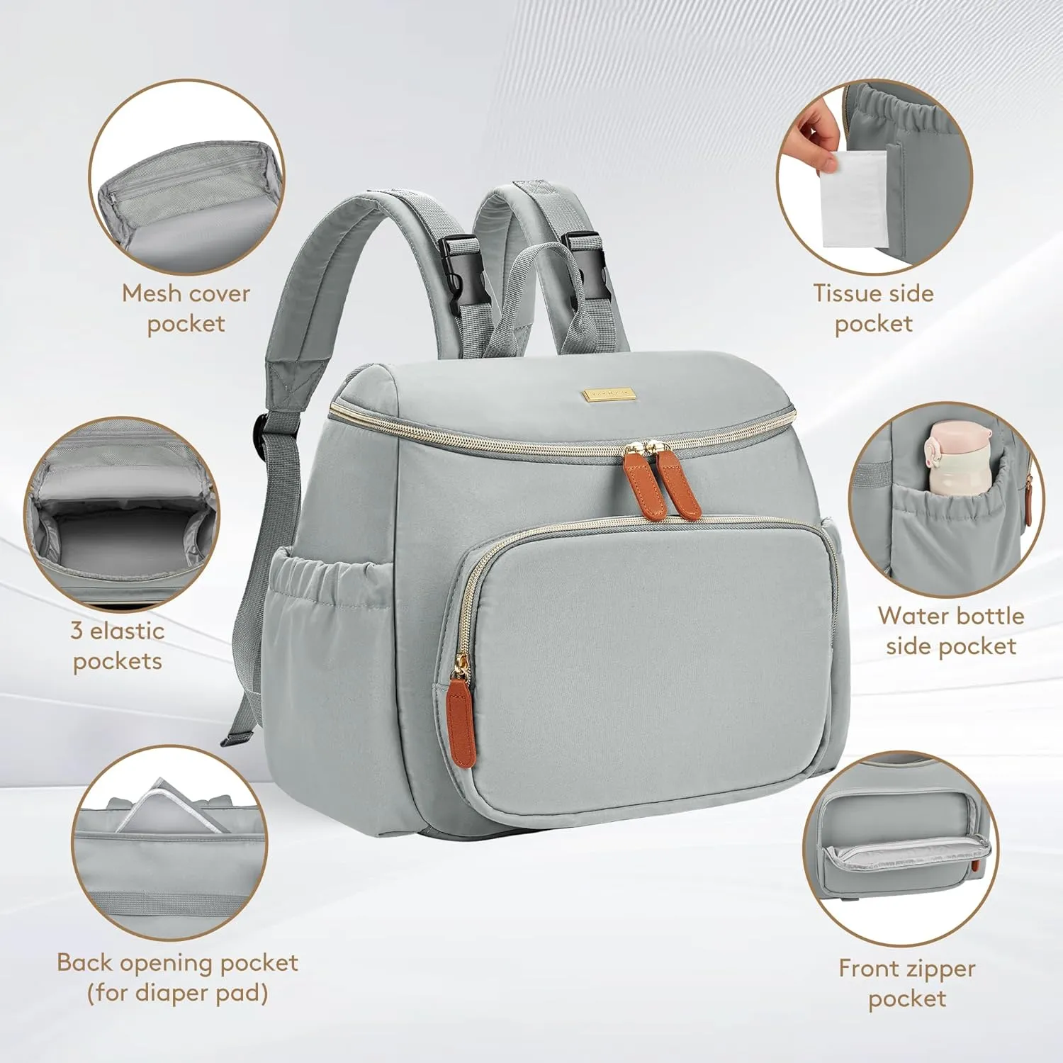 Compact Diaper Bag Backpack  Lightweight & Waterproof Baby Bag for Moms & Dads, Includes Changing Pad & Stroller Straps, Small Travel Diaper Backpack for Daily Use-Grey
