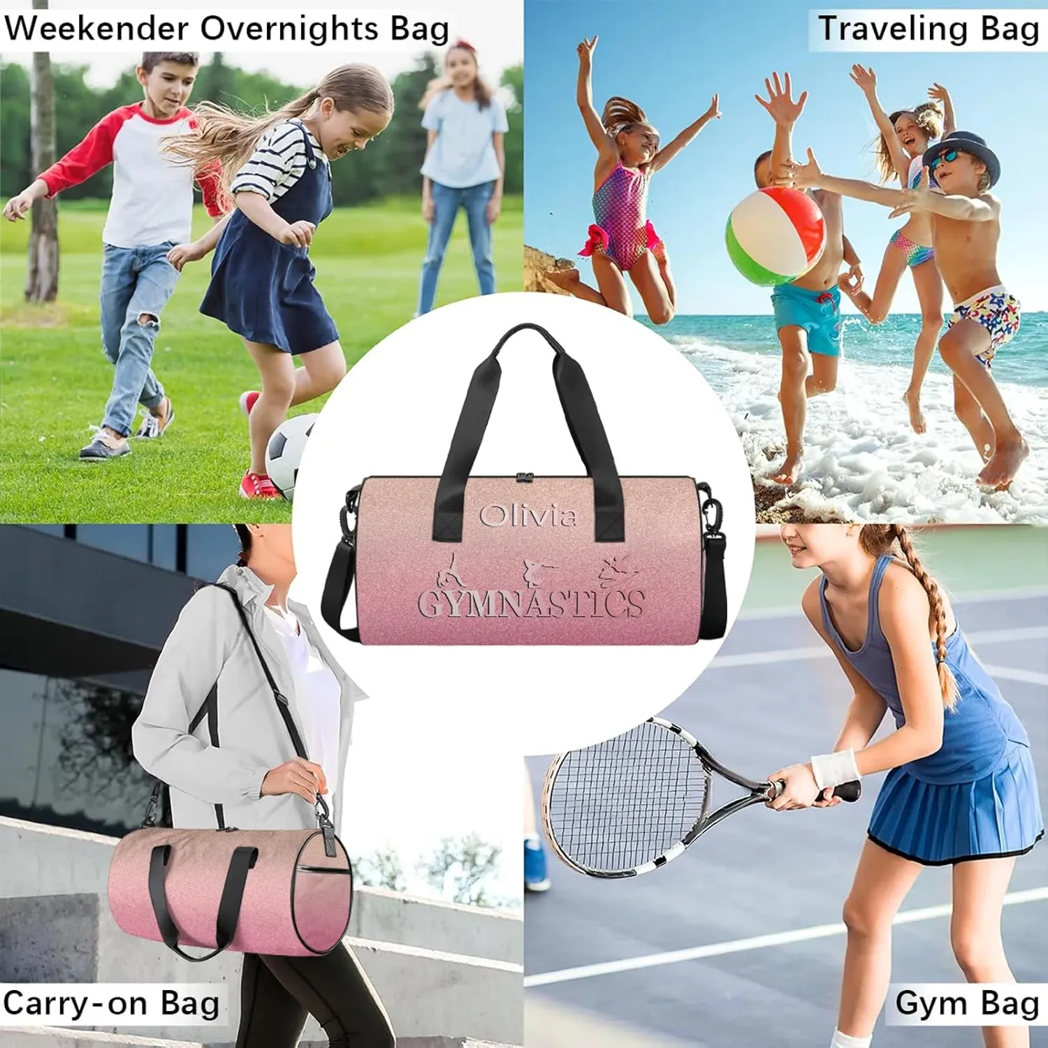 Custom Gymnastics Duffel Bag Round Personalized Name Dance Ballet Bags Waterproof