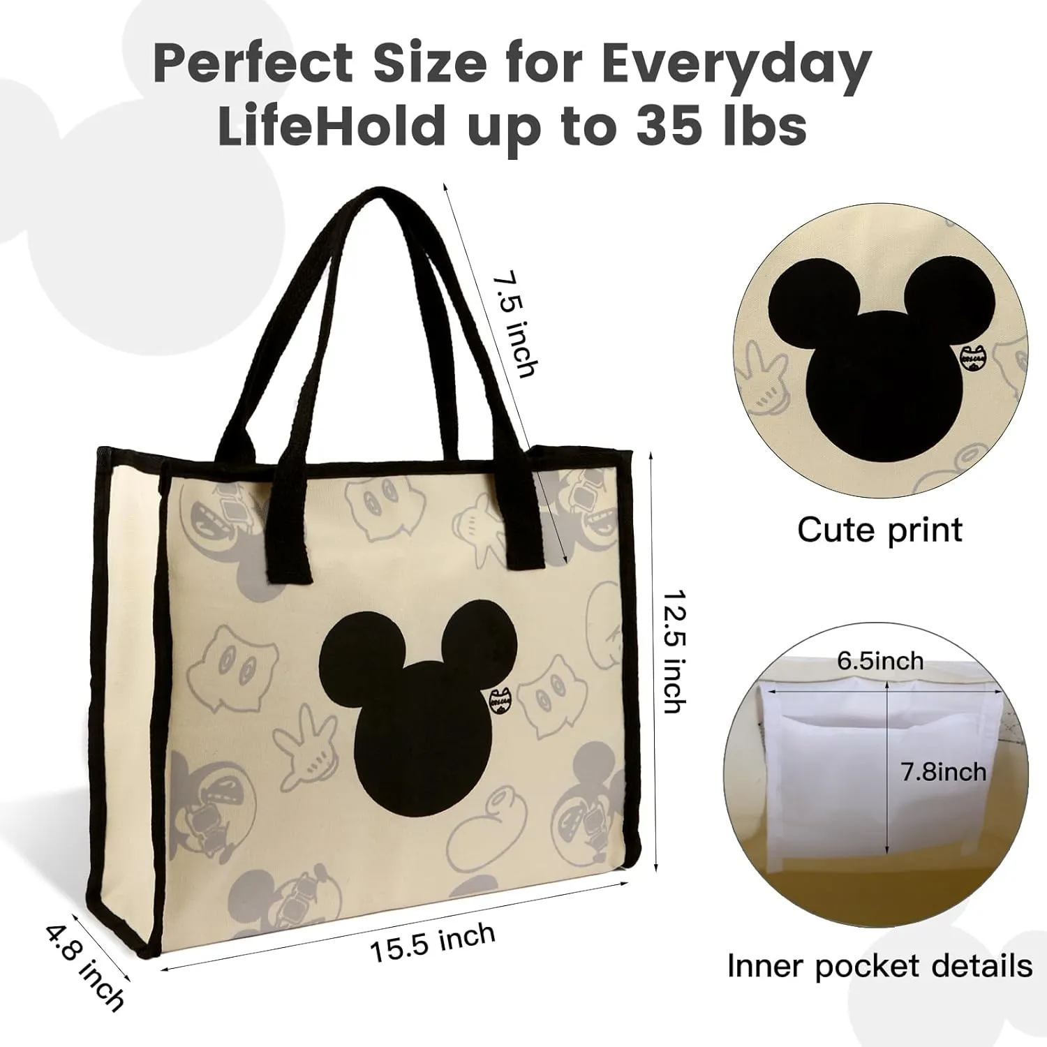 Cute Canvas Tote Bag Aesthetic for Women,Reusable Cloth Bags Shoulder Bag for Work Beach Travel with Zipper and Inner Pocket