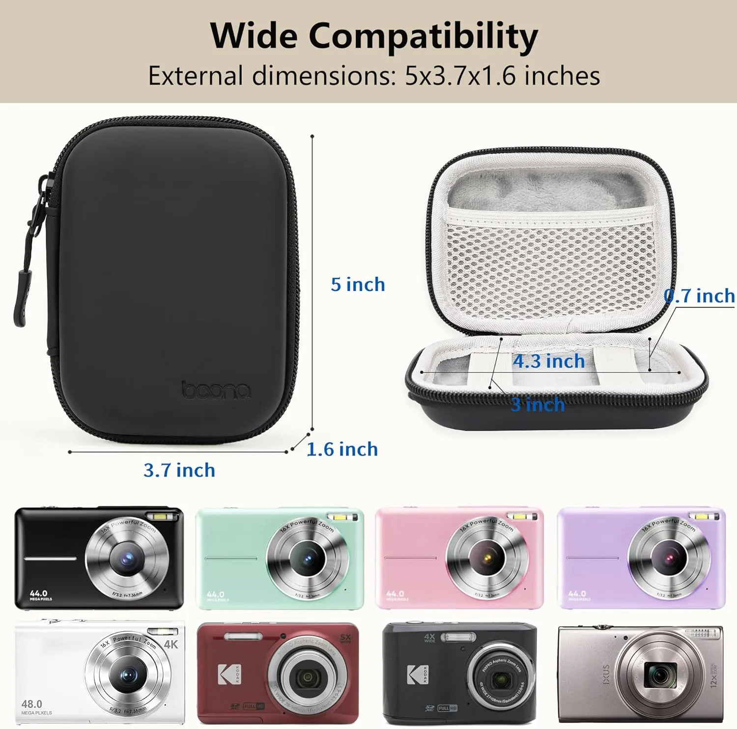 Digital Camera Case for CAMKORY, KODAK PIXPRO FZ45/FZ55, Canon IXUS 285 HS, Lecran, Small Travel Compact Camera Holder with Mesh Pocket for Accessories SD Card (Black-PU)