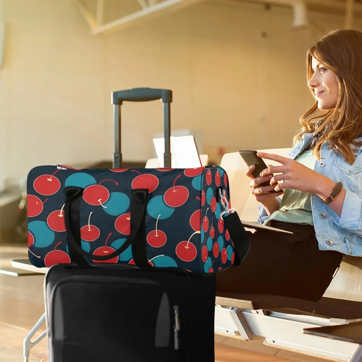 Foldable Travel Bag Cherries Printed Lightweight Carry On Bags for Airplanes Waterproof Travel Duffle Bag For Gym Weekend Overnight