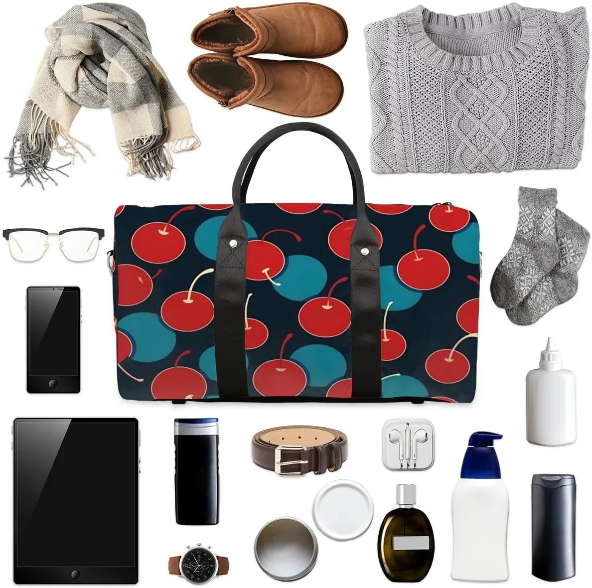 Foldable Travel Bag Cherries Printed Lightweight Carry On Bags for Airplanes Waterproof Travel Duffle Bag For Gym Weekend Overnight