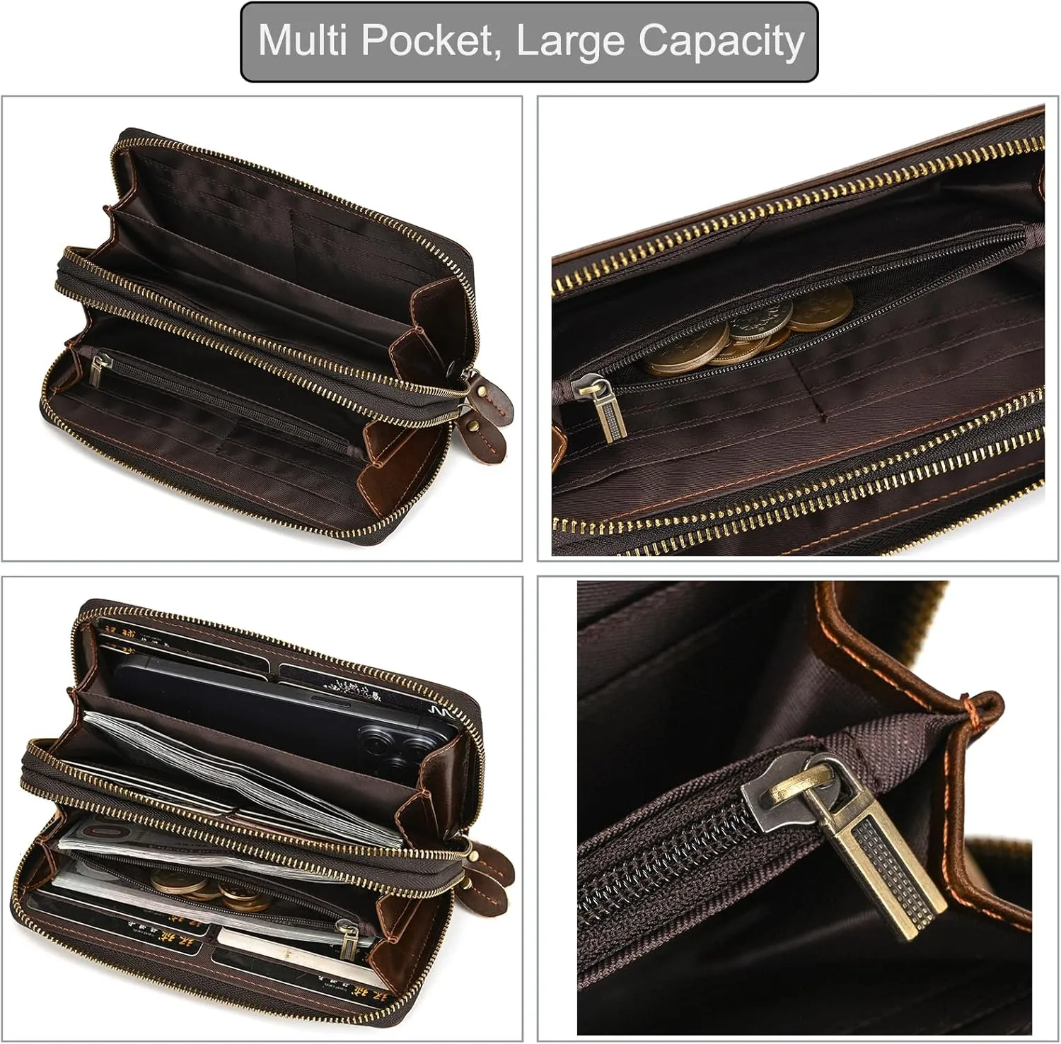 Genuine Leather Long Wallet for Men, Large Capacity Purse Clutch Bag Handbag Checkbook Cash Credit Cards Phone Holder