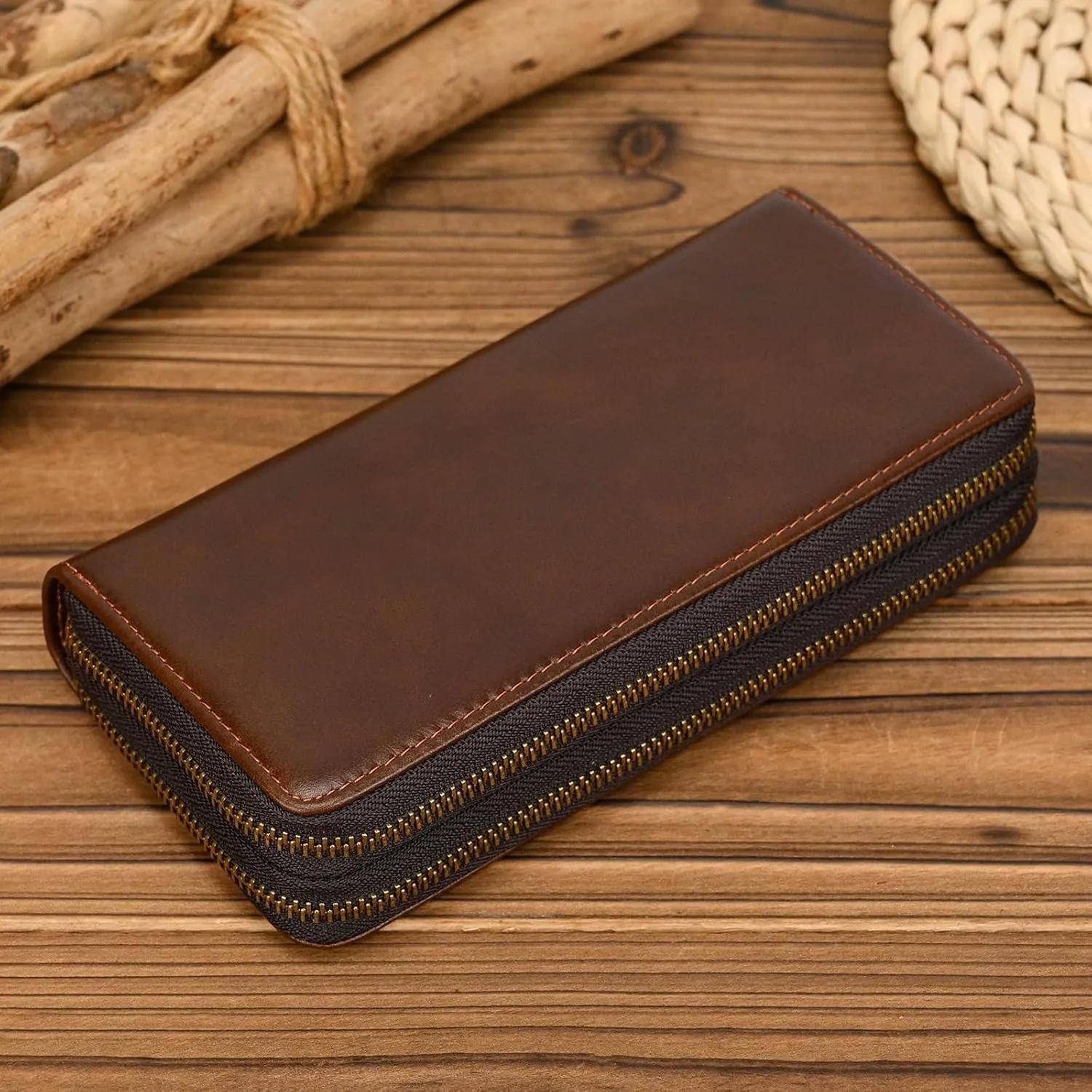 Genuine Leather Long Wallet for Men, Large Capacity Purse Clutch Bag Handbag Checkbook Cash Credit Cards Phone Holder