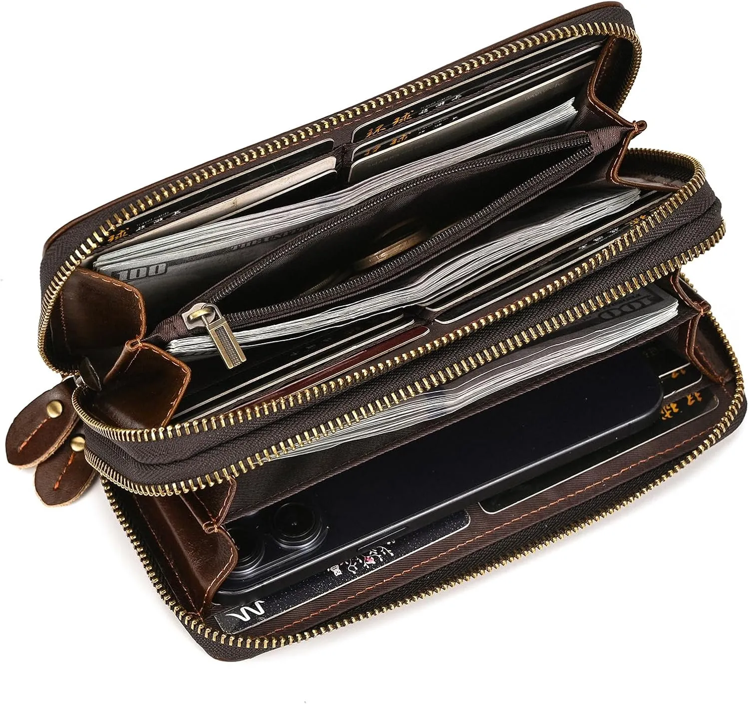 Genuine Leather Long Wallet for Men, Large Capacity Purse Clutch Bag Handbag Checkbook Cash Credit Cards Phone Holder