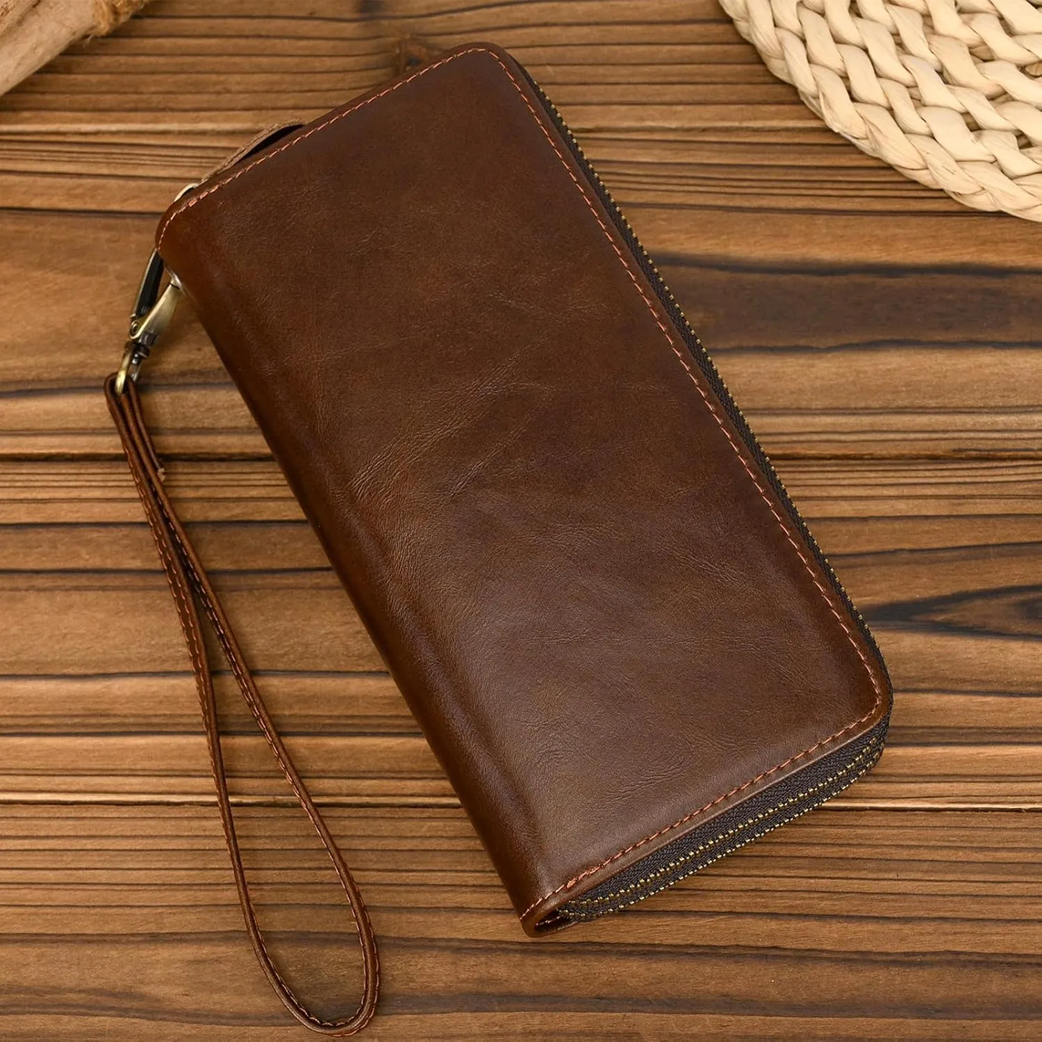Genuine Leather Long Wallet for Men, Large Capacity Purse Clutch Bag Handbag Checkbook Cash Credit Cards Phone Holder