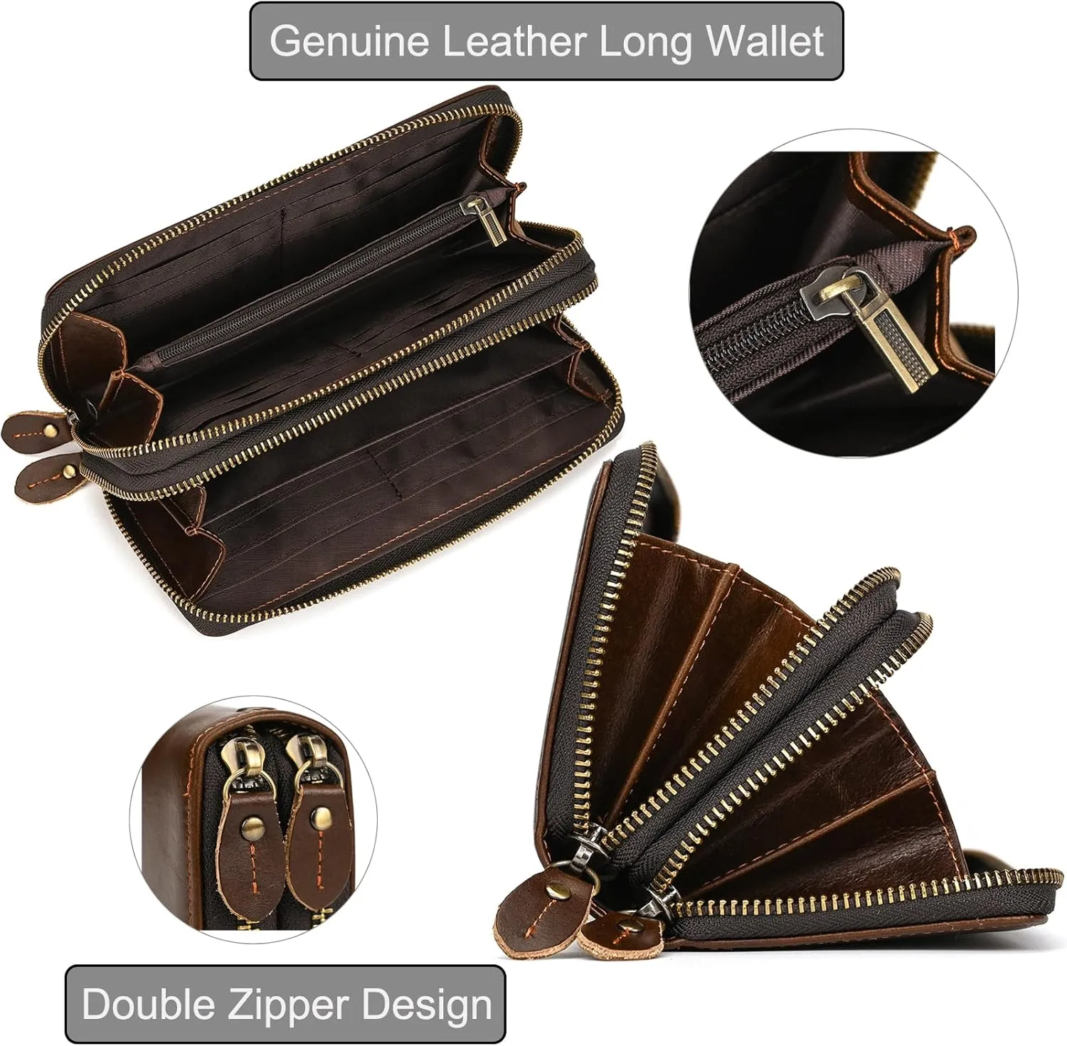 Genuine Leather Long Wallet for Men, Large Capacity Purse Clutch Bag Handbag Checkbook Cash Credit Cards Phone Holder