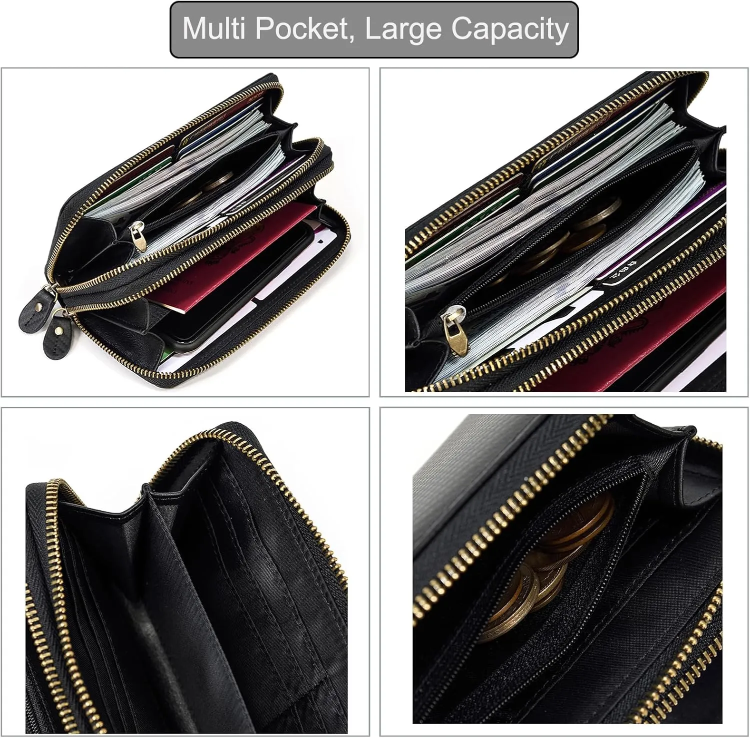 Genuine Leather Long Wallet for Men, Large Capacity Purse Clutch Bag Handbag Checkbook Cash Credit Cards Phone Holder