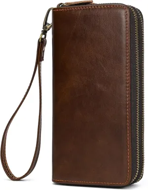 Genuine Leather Long Wallet for Men, Large Capacity Purse Clutch Bag Handbag Checkbook Cash Credit Cards Phone Holder
