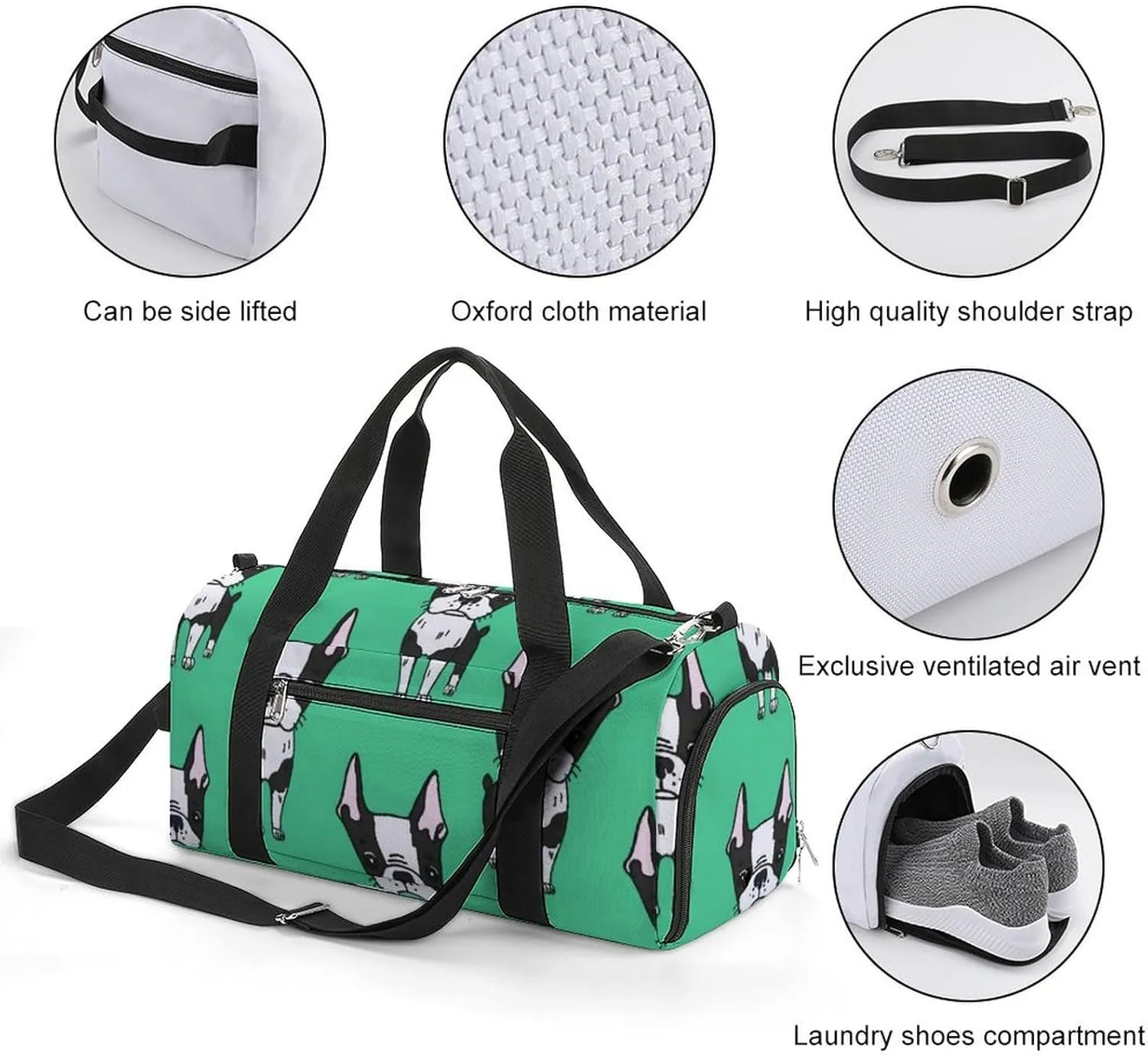 Green Boston Terrier Dogs Portable Large Capacity Fully Printed Fitness Bag Unisex
