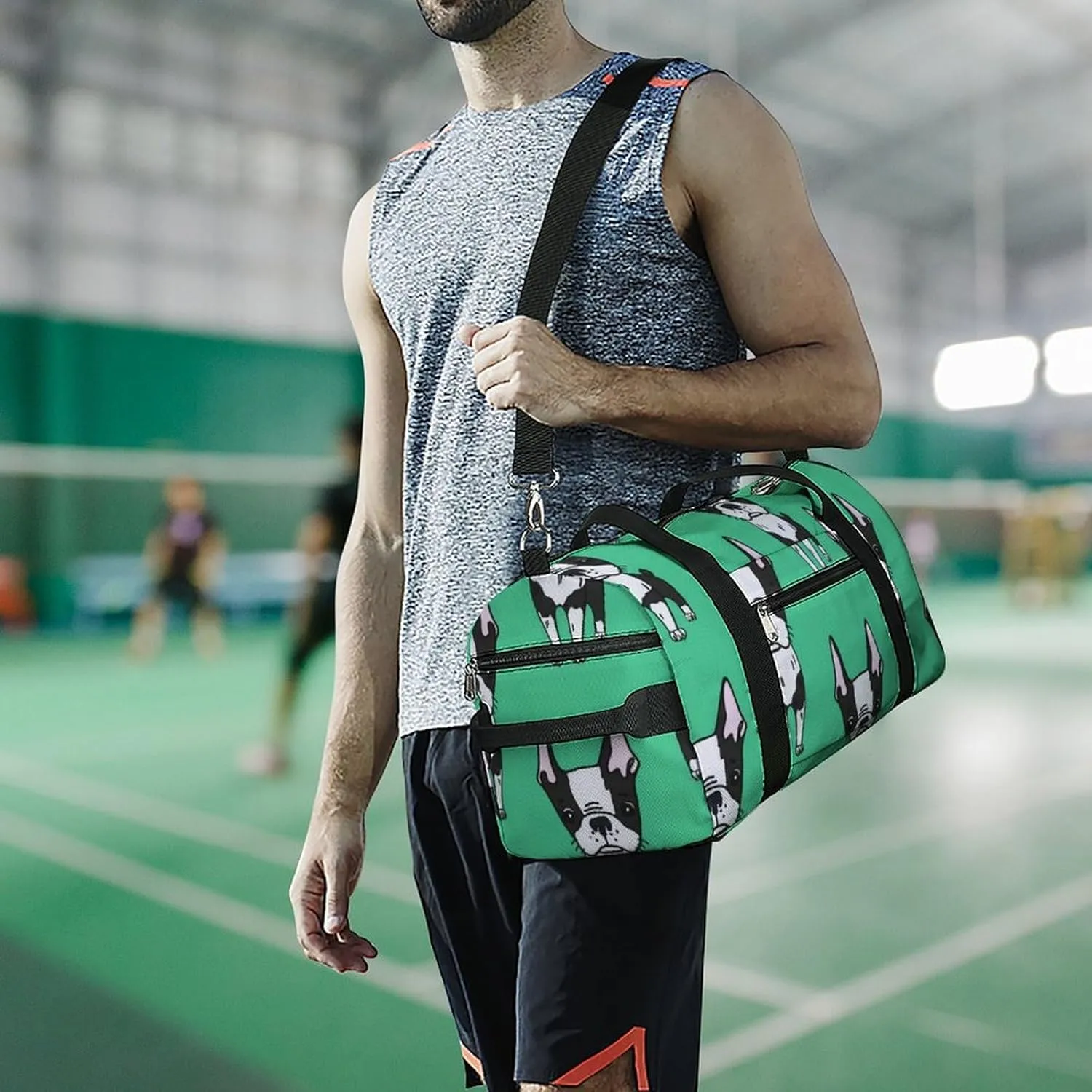 Green Boston Terrier Dogs Portable Large Capacity Fully Printed Fitness Bag Unisex