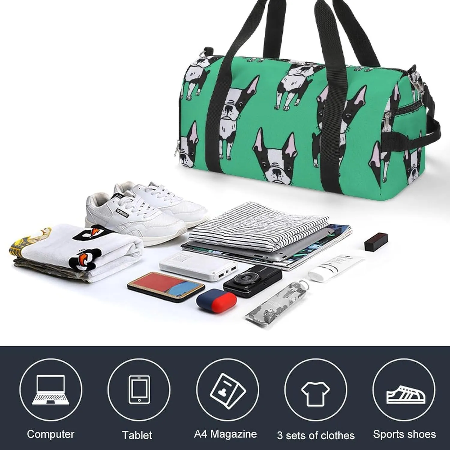 Green Boston Terrier Dogs Portable Large Capacity Fully Printed Fitness Bag Unisex