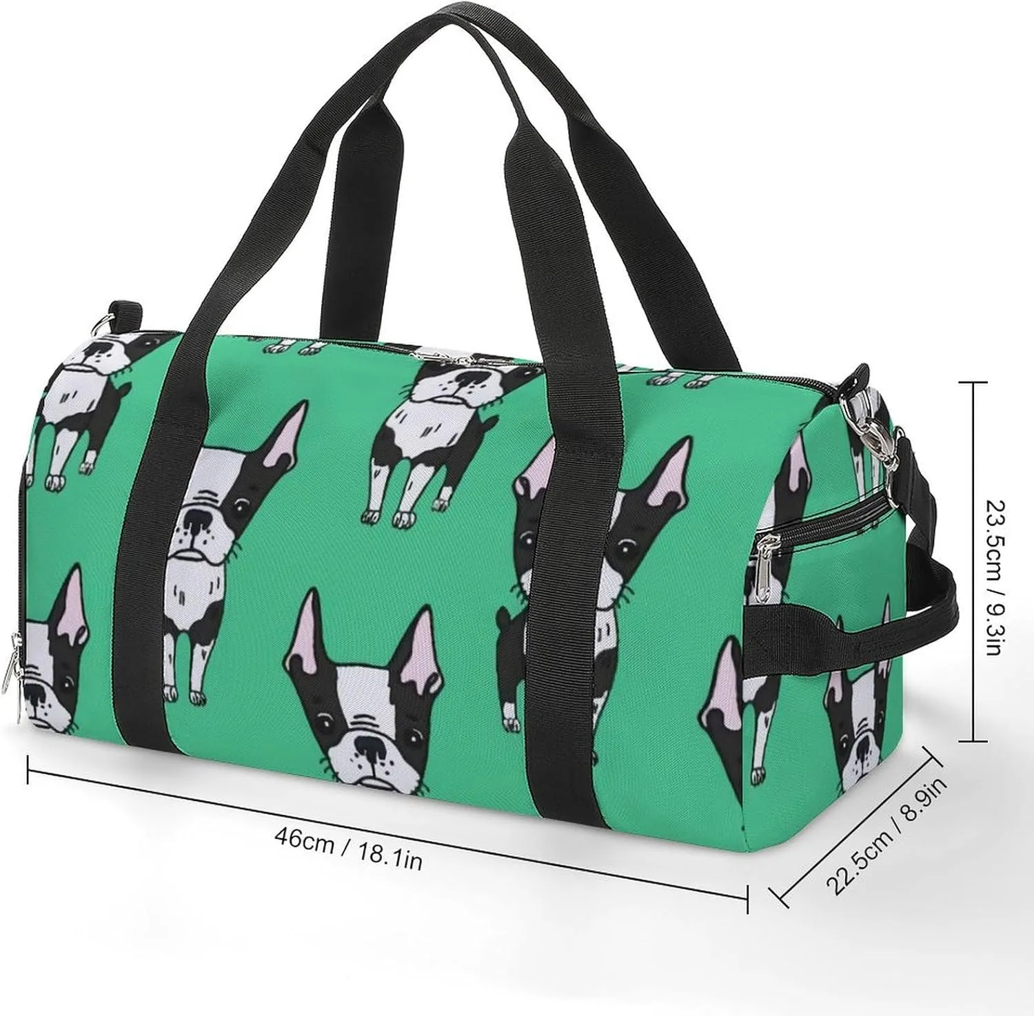 Green Boston Terrier Dogs Portable Large Capacity Fully Printed Fitness Bag Unisex
