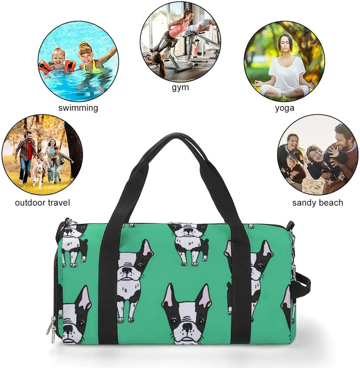 Green Boston Terrier Dogs Portable Large Capacity Fully Printed Fitness Bag Unisex