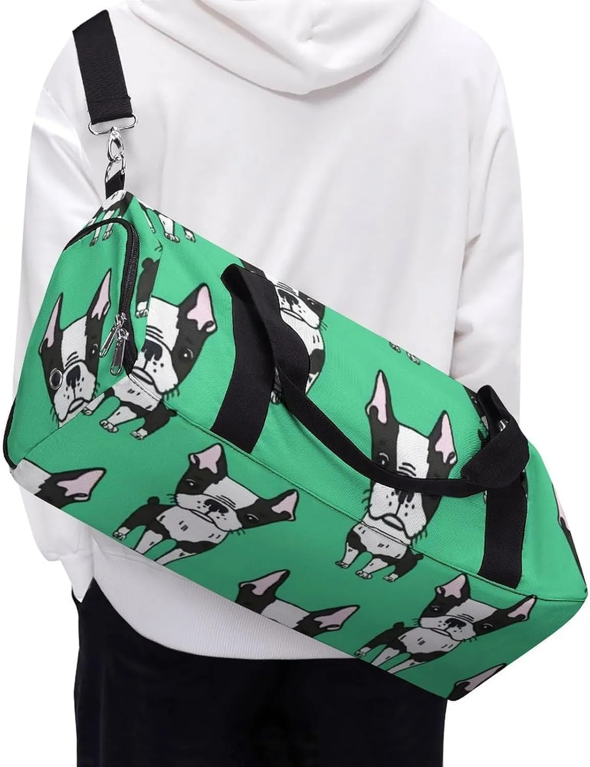 Green Boston Terrier Dogs Portable Large Capacity Fully Printed Fitness Bag Unisex