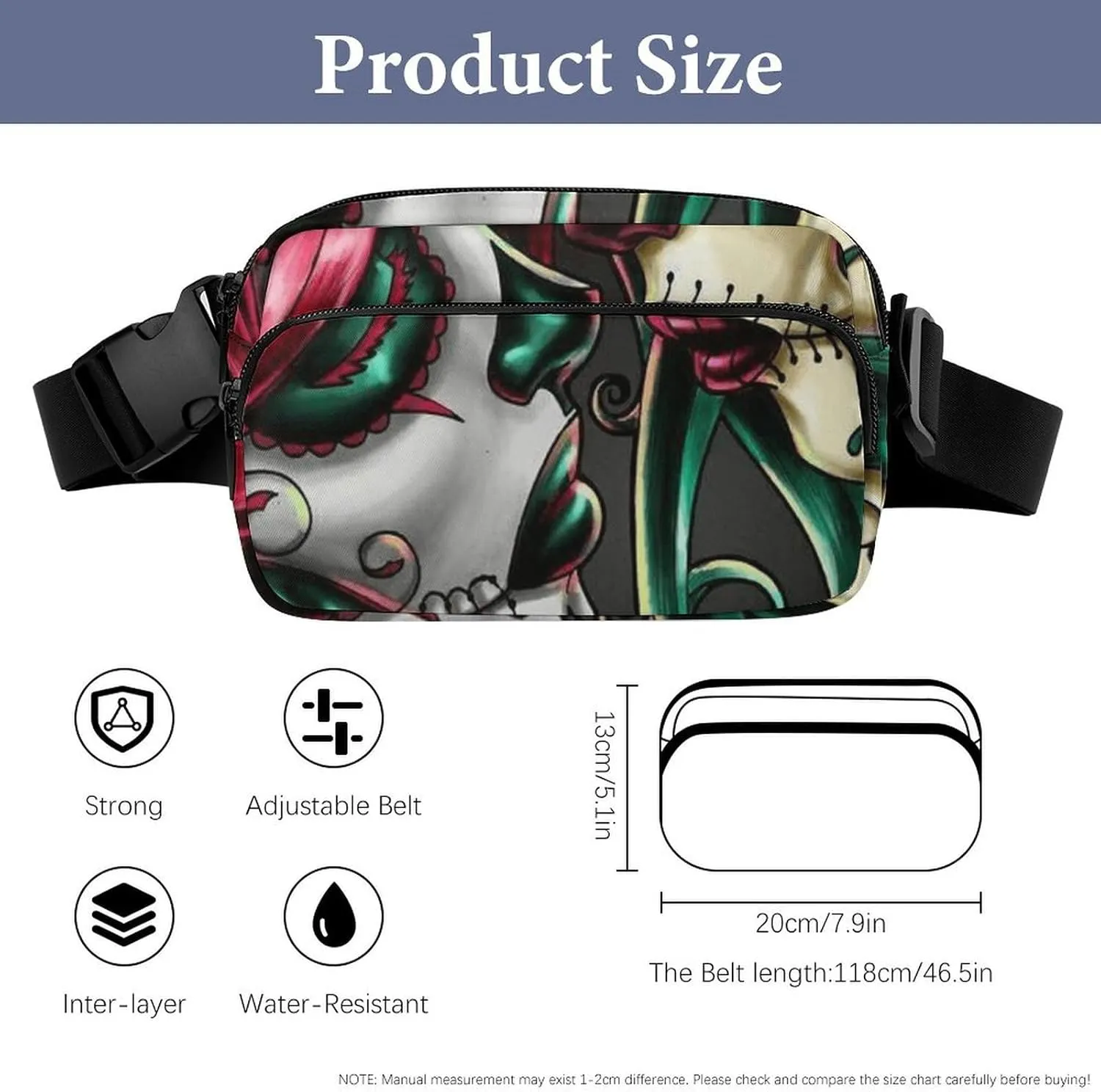 Halloween Sugar Skull Red And Green Hair Art Convenient And Efficient Fully Printed Waist Bag