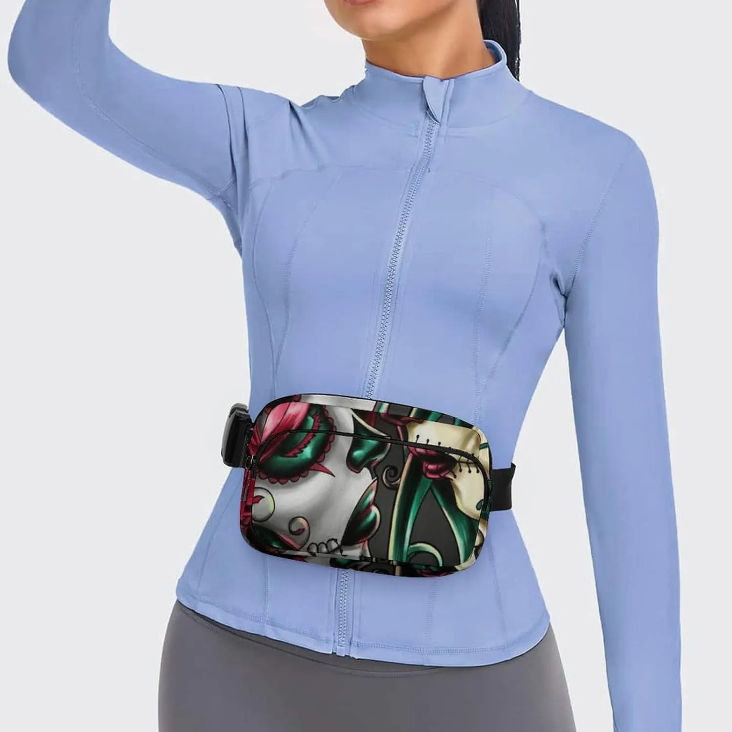 Halloween Sugar Skull Red And Green Hair Art Convenient And Efficient Fully Printed Waist Bag