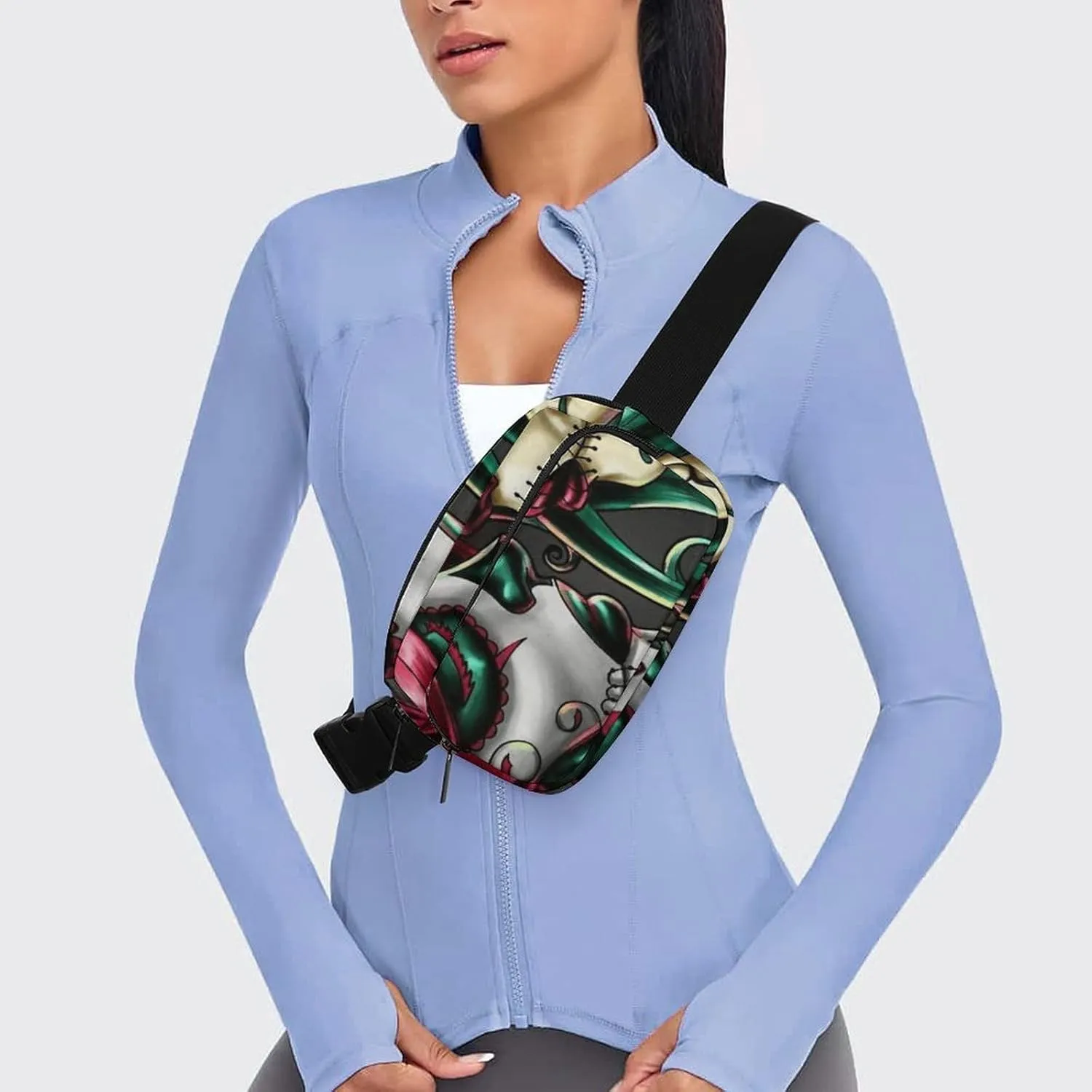 Halloween Sugar Skull Red And Green Hair Art Convenient And Efficient Fully Printed Waist Bag