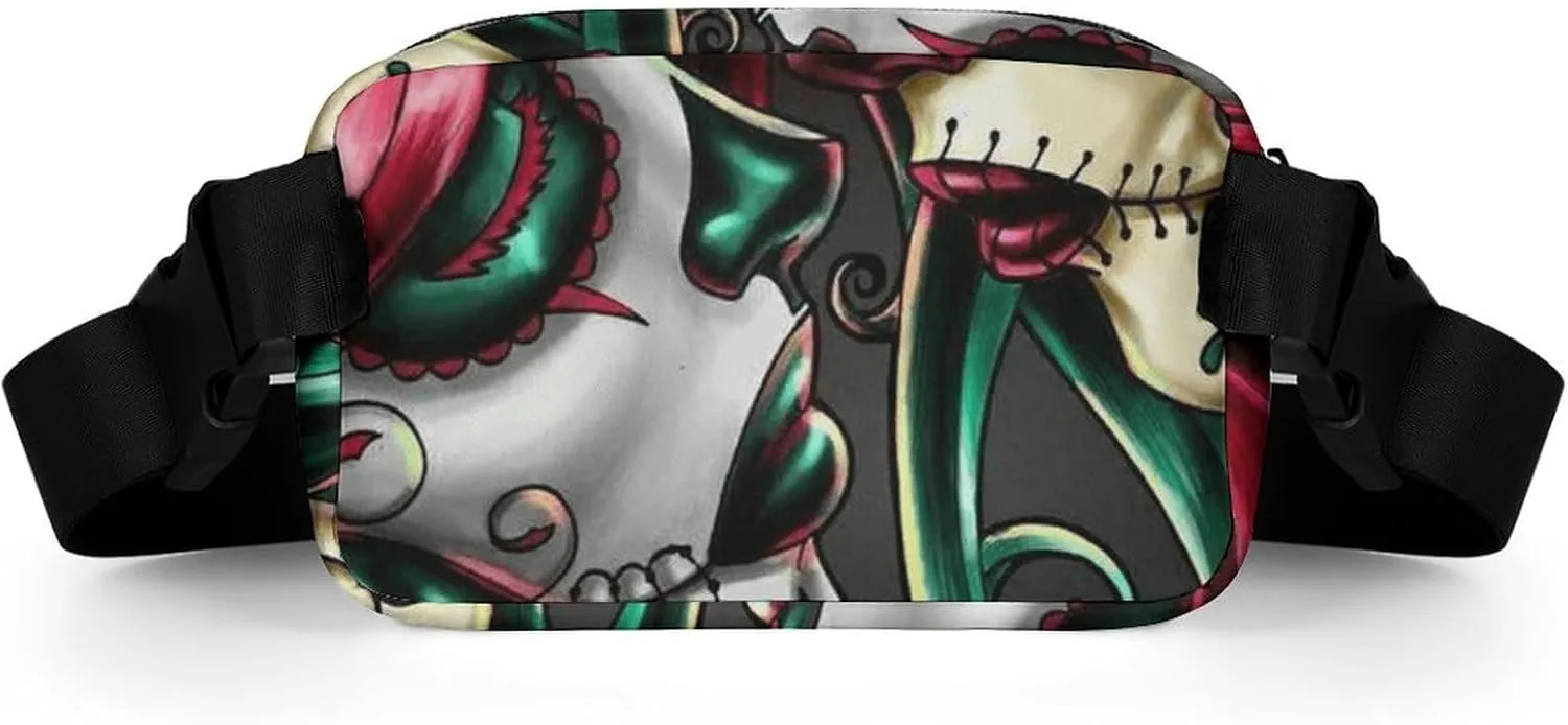 Halloween Sugar Skull Red And Green Hair Art Convenient And Efficient Fully Printed Waist Bag