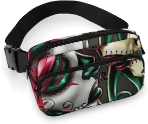 Halloween Sugar Skull Red And Green Hair Art Convenient And Efficient Fully Printed Waist Bag