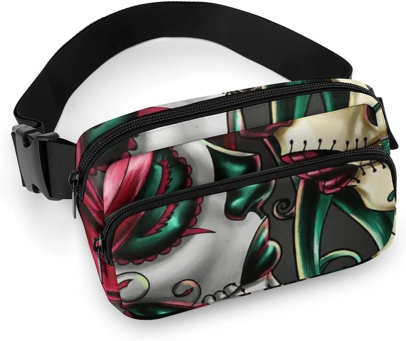Halloween Sugar Skull Red And Green Hair Art Convenient And Efficient Fully Printed Waist Bag
